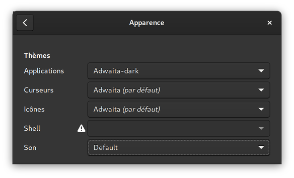Screenshot of the GNOME theme selection window, with the Adwaita-dark theme selected