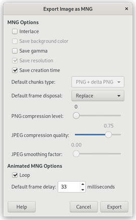 MNG export dialog from GIMP