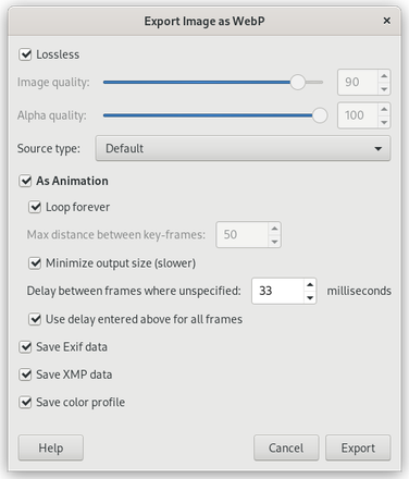 WebP export dialog from GIMP